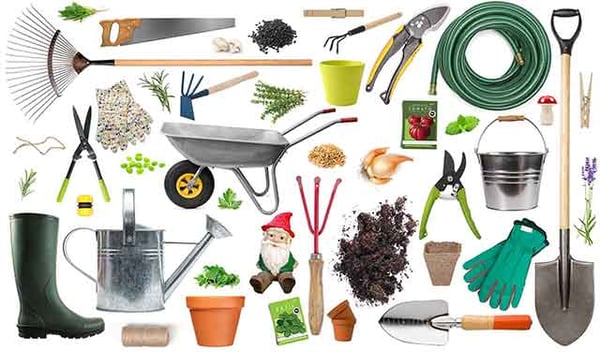 array of garden tools and equipment