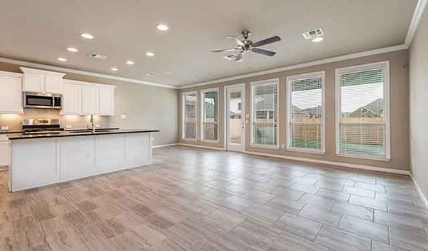 family room with view of kitchen and dining