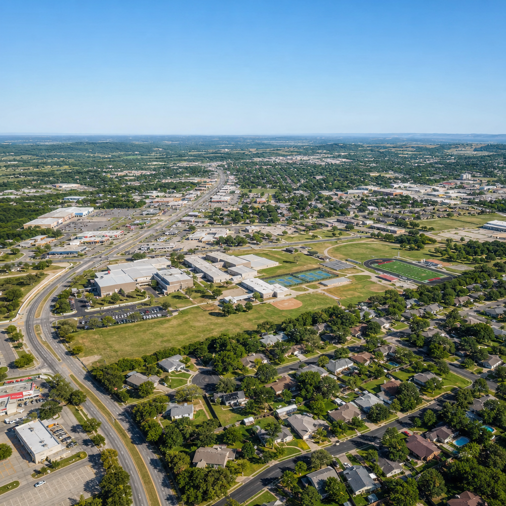 Aerial View of Temple Texas with Blue Skies and Residential Areas